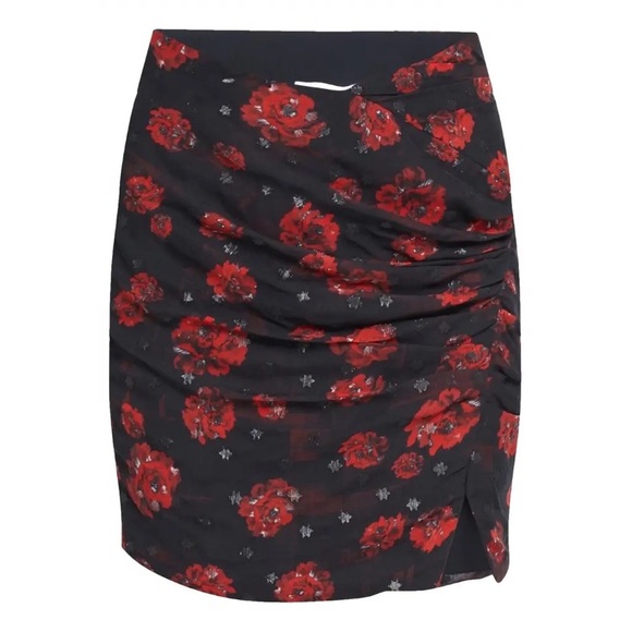 IRO Bootab Ruched Floral Print Fil Coupe Chiffon Mini Skirt in Black - Picture 1 of 11